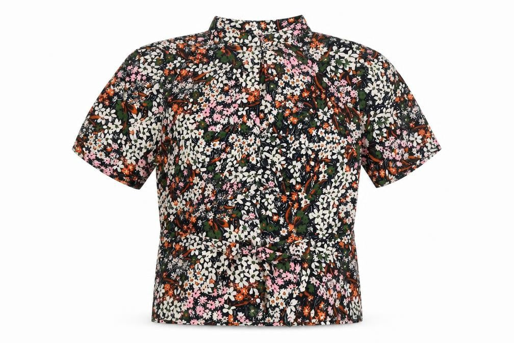 Front view of Preworn women’s multicoloured floral viscose basic blouse, size UK 6, round neck
