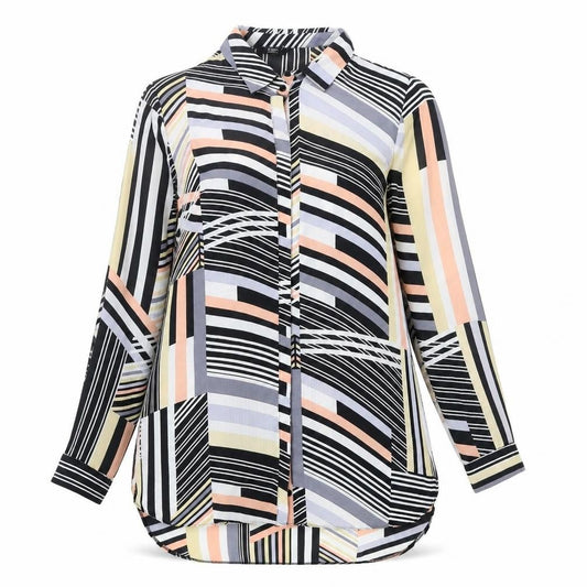 Front view of F&F women’s multicoloured geometric polyester basic button-up, size UK 10, collared