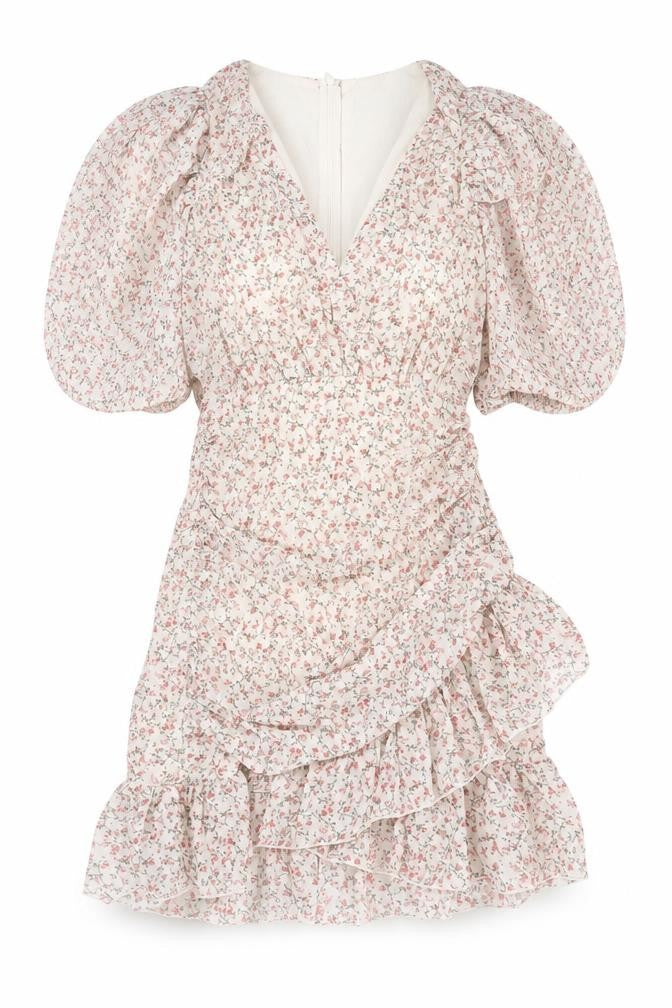 Front view of Missguided women’s beige floral polyester mini, size UK 8, v-neck zip