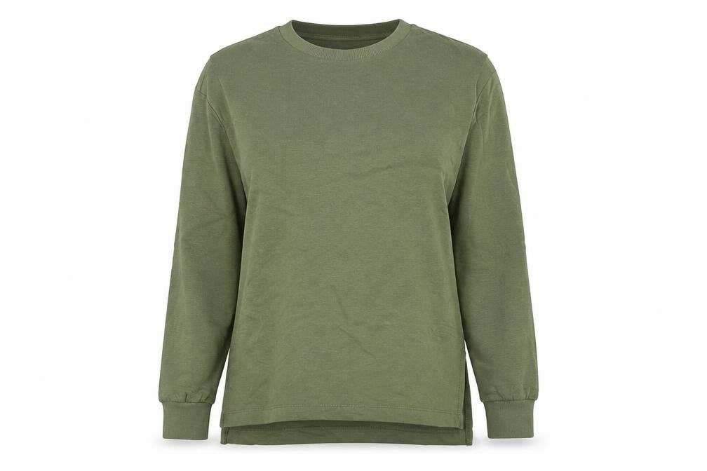 Front view of Marks & Spencer women’s green cotton pullover sweatshirt, size UK 8, pullover