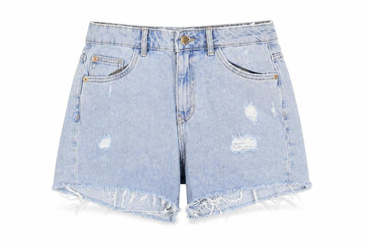 Front view of Denim Pinkie women’s blue cotton boyfriend shorts, size UK 10, regular zip