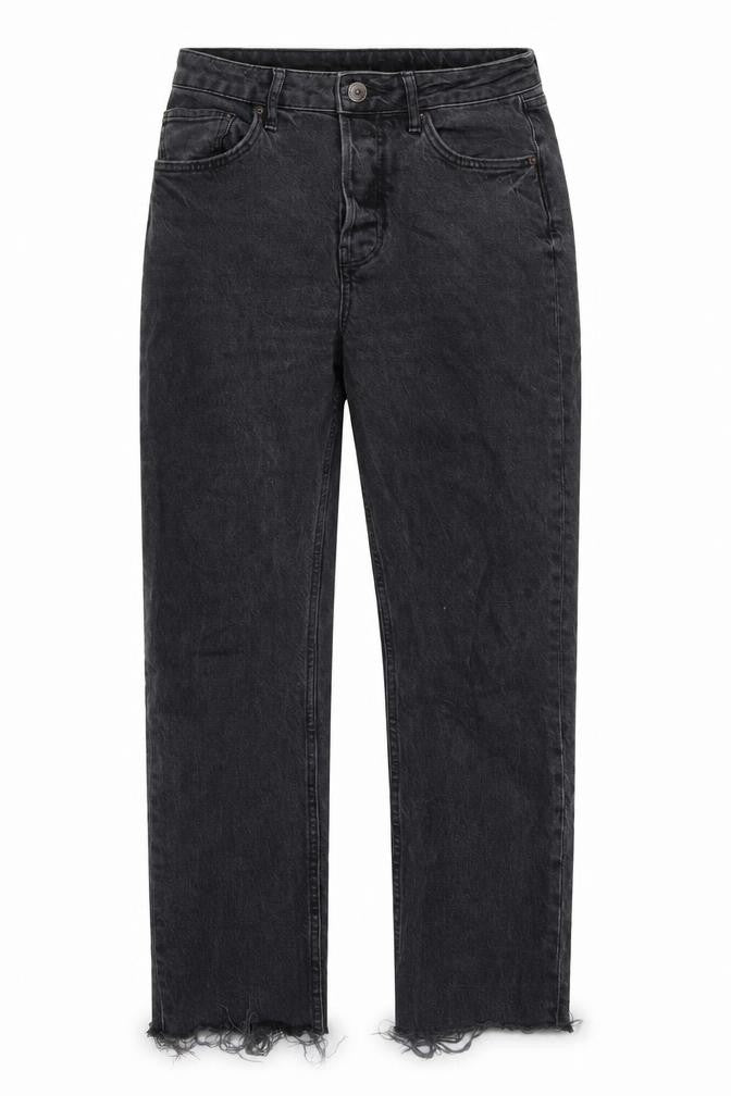 Front view of BDG women’s black cotton straight jeans, size UK 28, in regular button