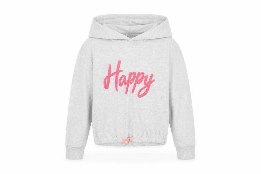 Front view of Lily & Dan girls’ grey 100% cotton pullover hoodie, size 10-11, years pullover - happy, cropped