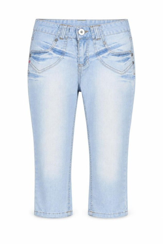 Front view of Miss Baron women’s blue cotton cropped jeans, size UK 8, regular zip