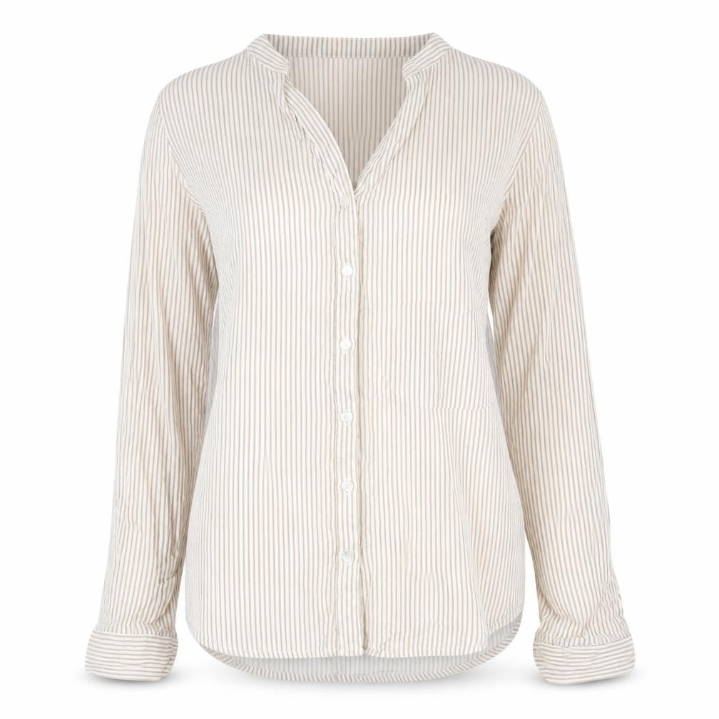 Front view of Atmosphere women’s beige striped viscose basic blouse, size UK 6, v-neck