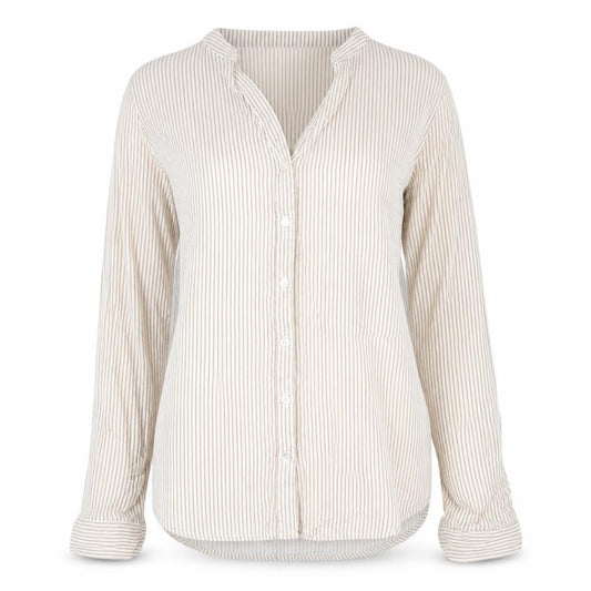 Front view of Atmosphere women’s beige striped viscose basic blouse, size UK 6, v-neck