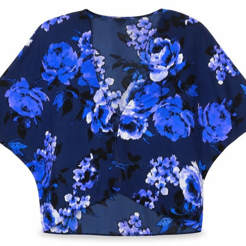 New Look Womens Blue Floral Polyester Kimono Blouse Size 8 V-Neck