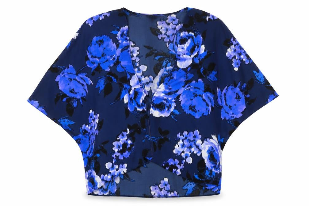 New Look Womens Blue Floral Polyester Kimono Blouse Size 8 V-Neck