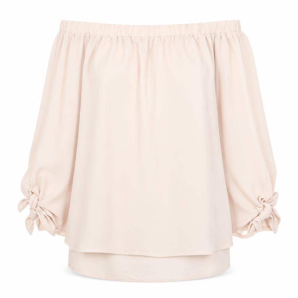 Front view of Tacera women’s pink polyester basic blouse, size M, off the shoulder - sleeve tie bardot