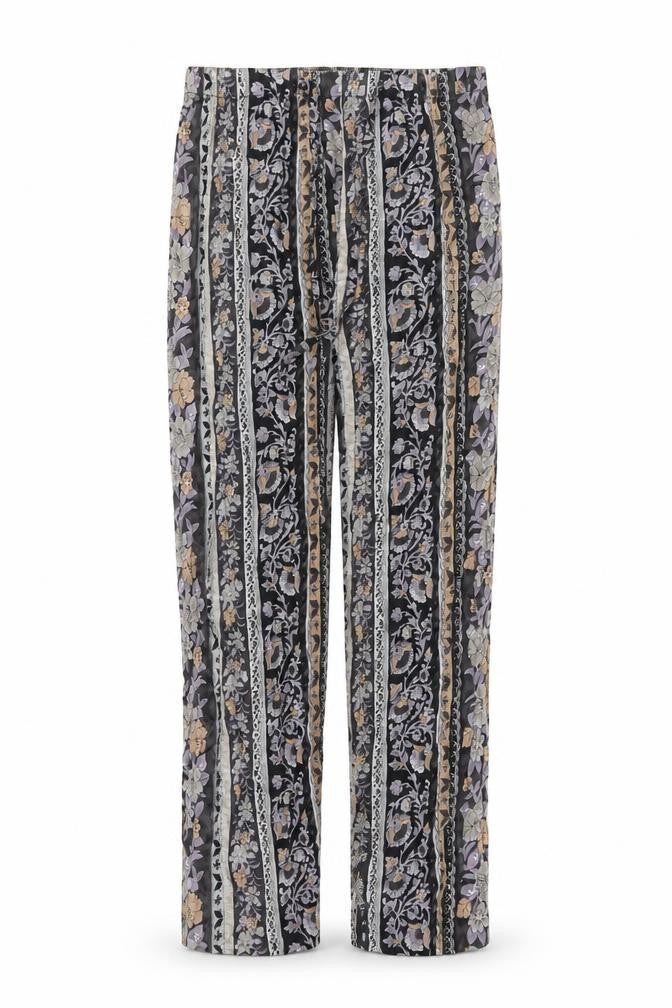 Front view of Vintage Studio women’s multicoloured geometric viscose trousers, size XL, regular drawstring