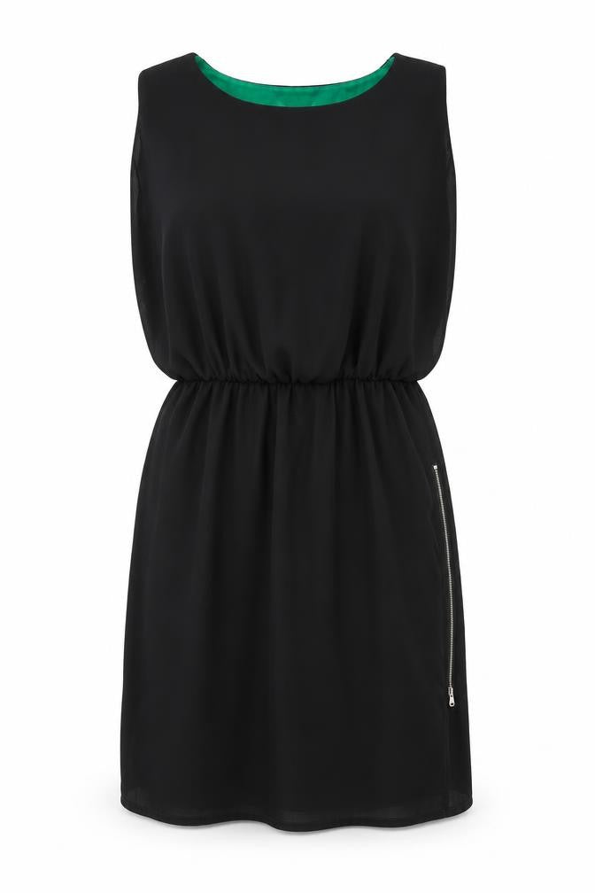 Front view of infront women’s black polyester a-line, size S, boat neck zip