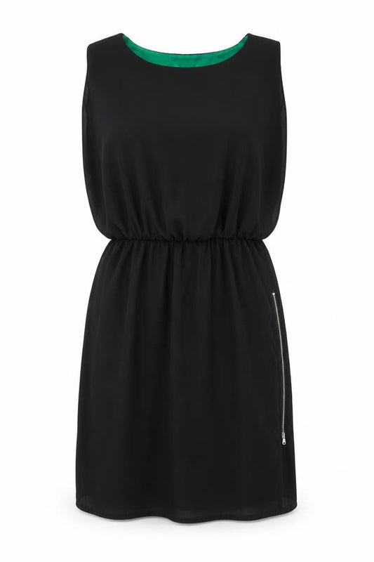 Front view of infront women’s black polyester a-line, size S, boat neck zip