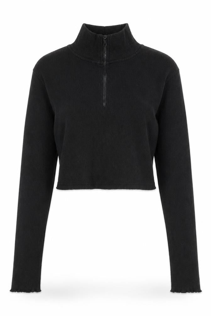 Front view of PRETTYLITTLETHING women’s black camel cropped blouse, size M, high neck - ribbed