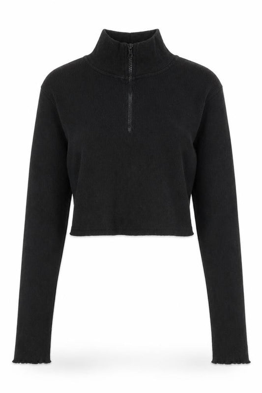 Front view of PRETTYLITTLETHING women’s black camel cropped blouse, size M, high neck - ribbed