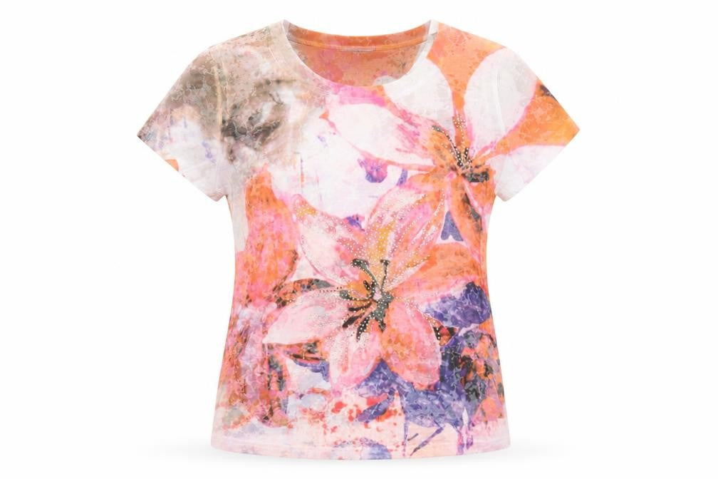 Front view of Kapalua women’s multicoloured floral polyester basic t-shirt, size M, round neck