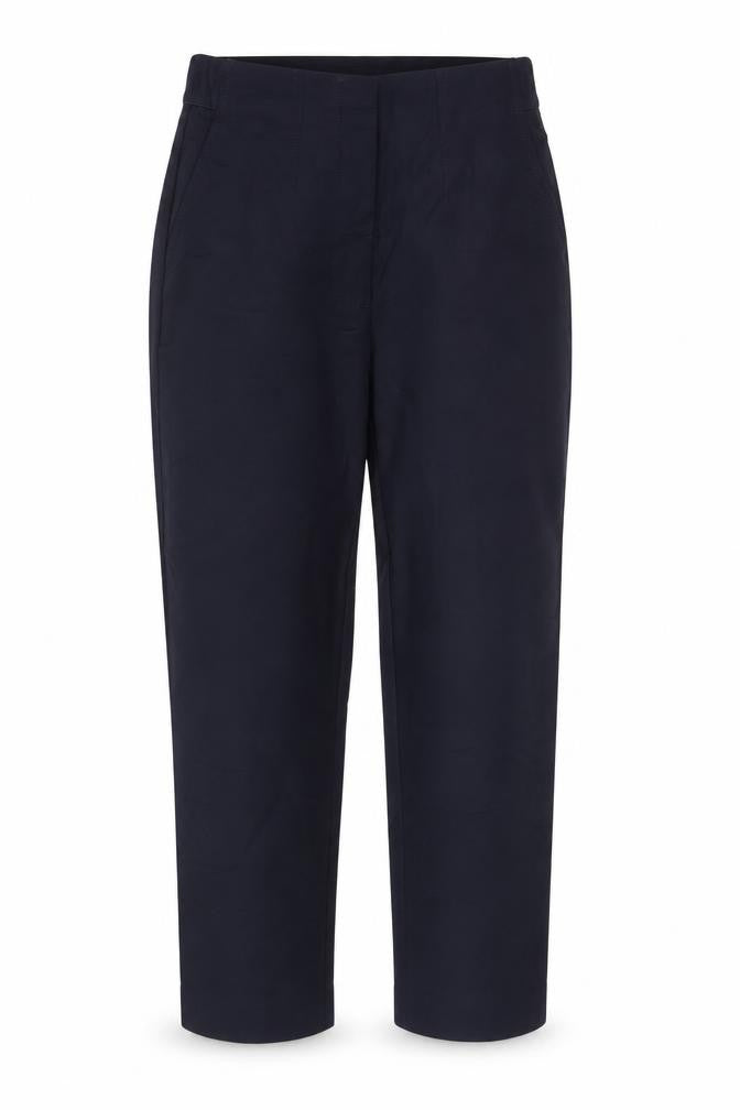 Front view of Marks & Spencer women’s blue cotton trousers, size UK 8, regular zip