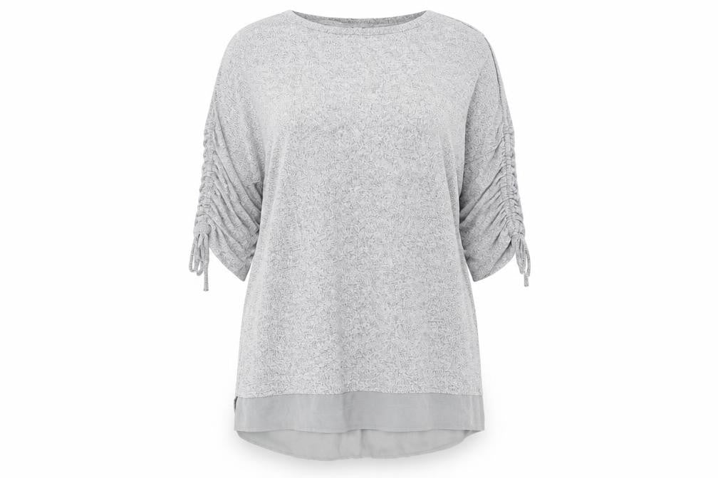 Front view of Maison De Nimes women’s grey boat neck polyester jumper, size UK 14, - chiffon hem