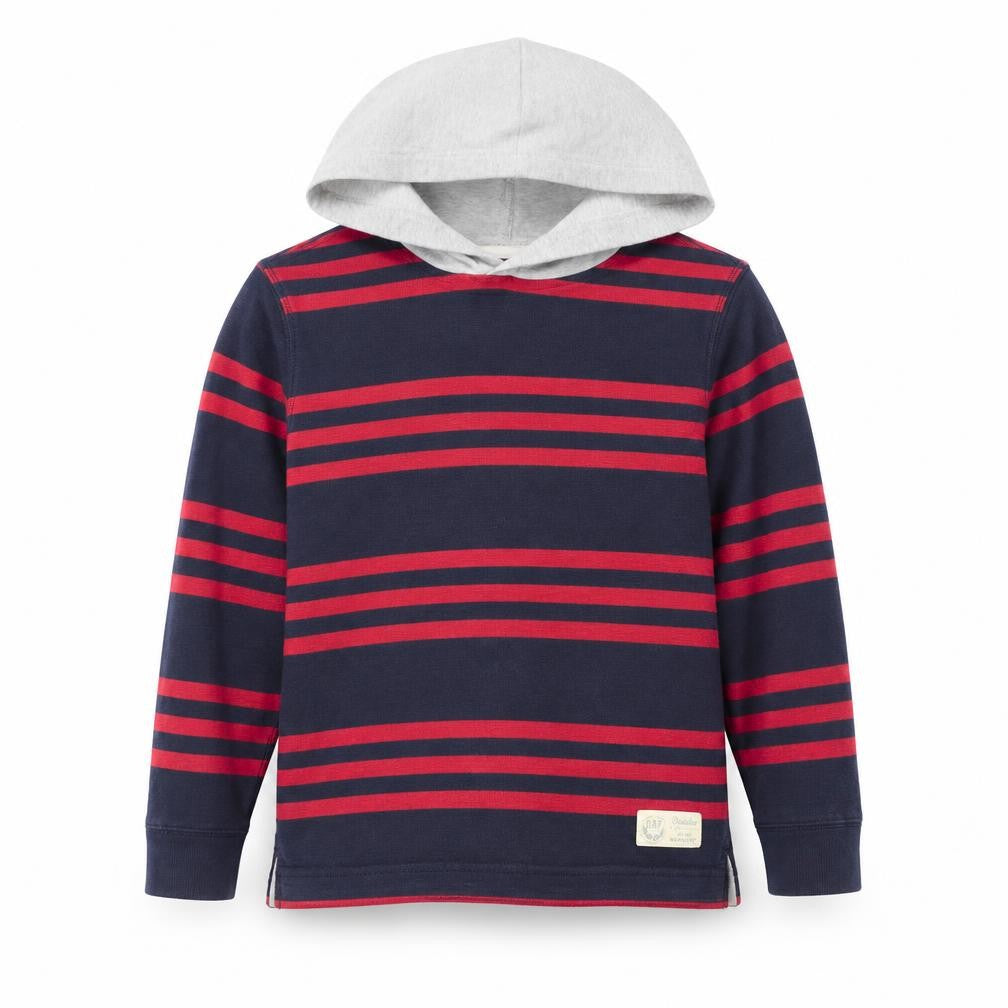 Front view of Gap boys’ blue striped 100% cotton pullover hoodie, size M, pullover