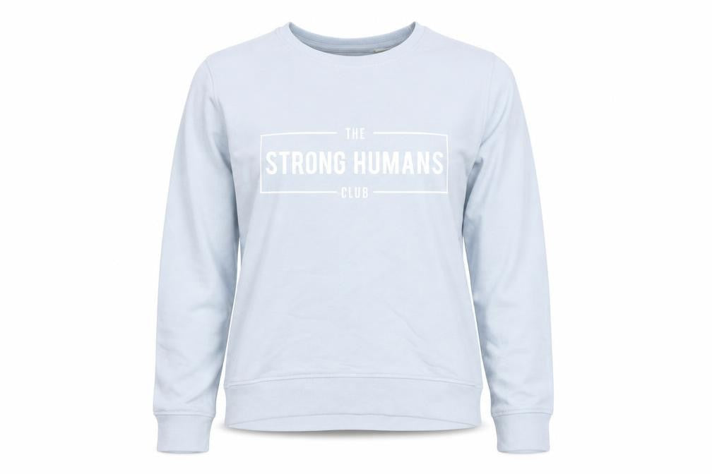 Front view of The Strong Human Club women’s blue cotton pullover sweatshirt, size M, pullover