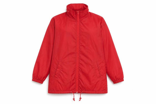 Front view of Casual Collection women’s red rain coat jacket, size M, zip