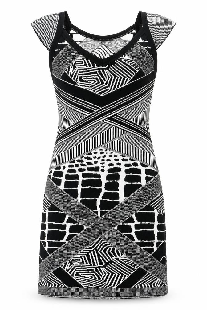 Front view of Marks & Spencer women’s black geometric acrylic a-line, size UK 8, v-neck pullover