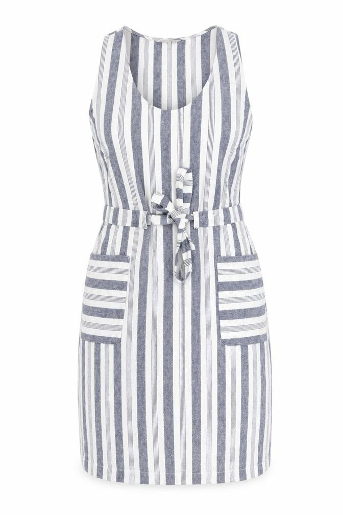 Front view of Nutmeg women’s blue striped linen pencil dress, size UK 8, v-neck pullover