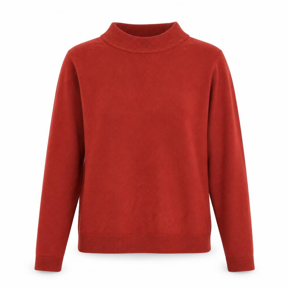 Front view of Essentials women’s red mock neck acrylic jumper, size UK 8