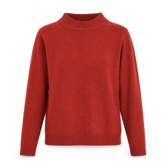 Front view of Essentials women’s red mock neck acrylic jumper, size UK 8