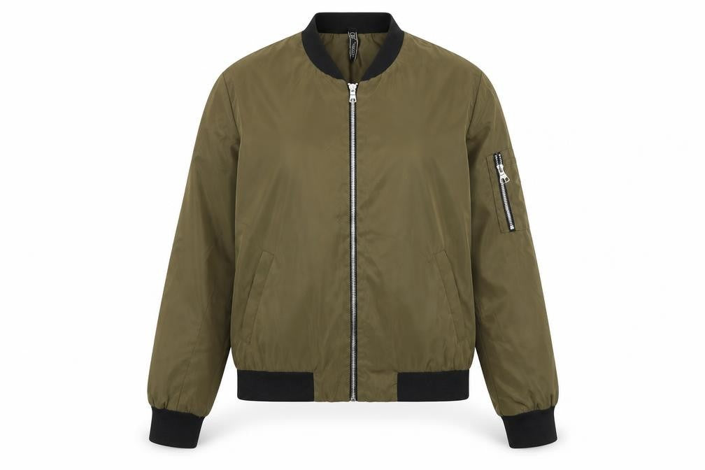 Front view of Golden Days women’s green bomber jacket jacket, size S, zip
