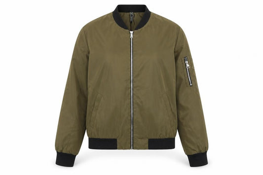 Front view of Golden Days women’s green bomber jacket jacket, size S, zip
