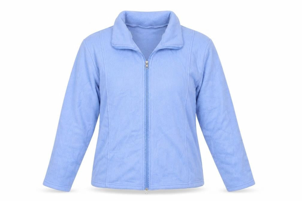 Front view of Anne De Lancay women’s blue jacket, size M, zip