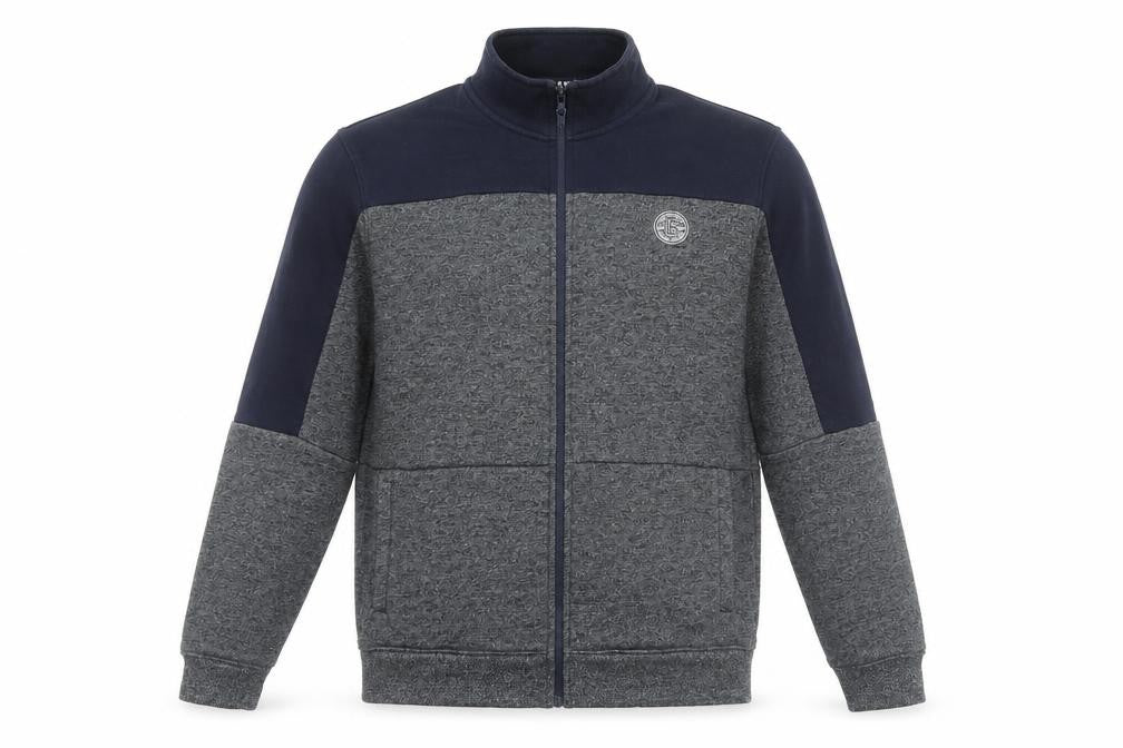 Front view of US Athletics men’s grey cotton full zip sweatshirt, size M