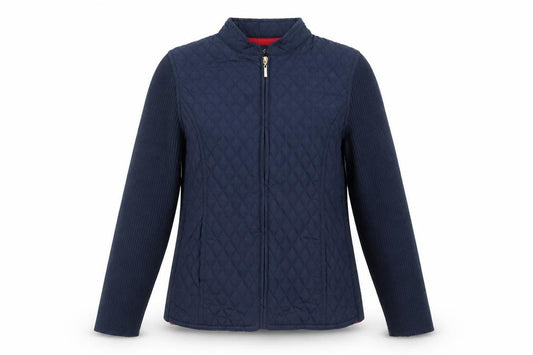 Front view of Dash women’s blue quilted jacket, size UK 12, zip