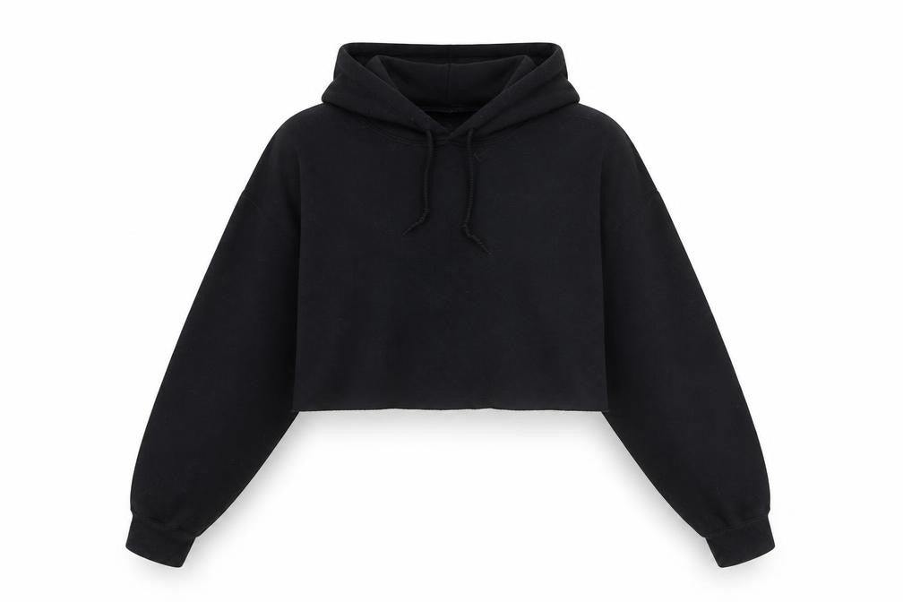 Front view of PRETTYLITTLETHING women’s black cotton pullover hoodie, size M, pullover