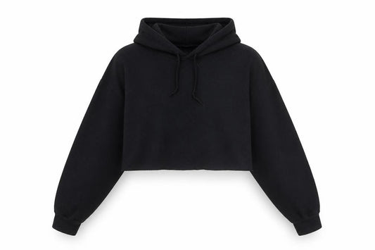 Front view of PRETTYLITTLETHING women’s black cotton pullover hoodie, size M, pullover
