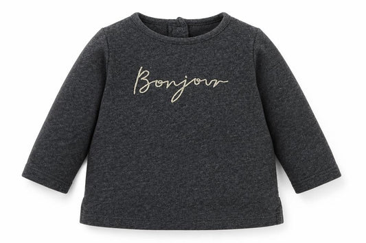 Front view of Next girls’ grey cotton basic t-shirt, size 0-3, months round neck button - bonjour