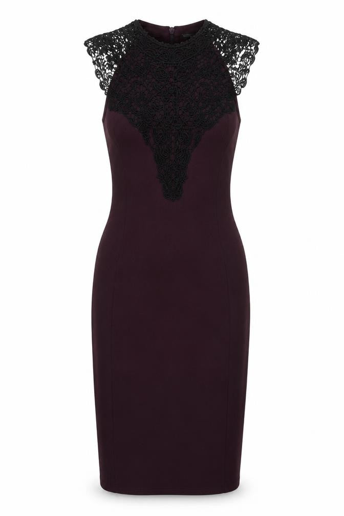 NEXT Womens Purple Viscose Pencil Dress Size 10 Round Neck Zip - Lace Detail