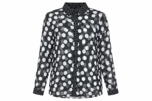 Front view of Lipsy women’s black polka dot polyester basic button-up, size UK 8, collared