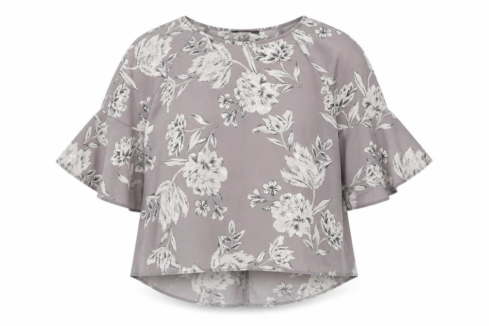 Front view of Primark women’s grey floral polyester basic blouse, size UK 8, boat neck - flute sleeve