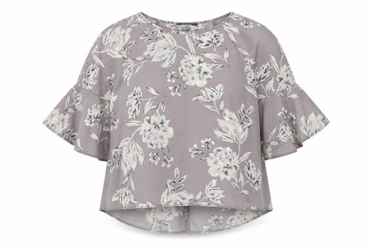 Front view of Primark women’s grey floral polyester basic blouse, size UK 8, boat neck - flute sleeve
