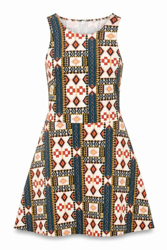 Front view of H&M women’s multicoloured geometric polyester a-line, size M, round neck pullover