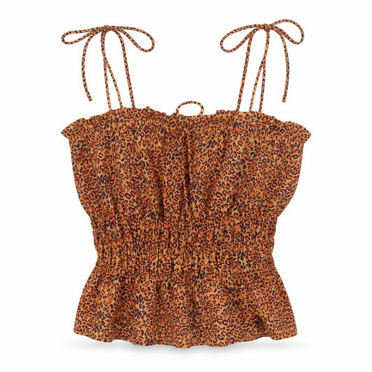 Front view of Topshop women’s brown animal print polyester camisole tank, size UK 6, square neck - leopard print peplum