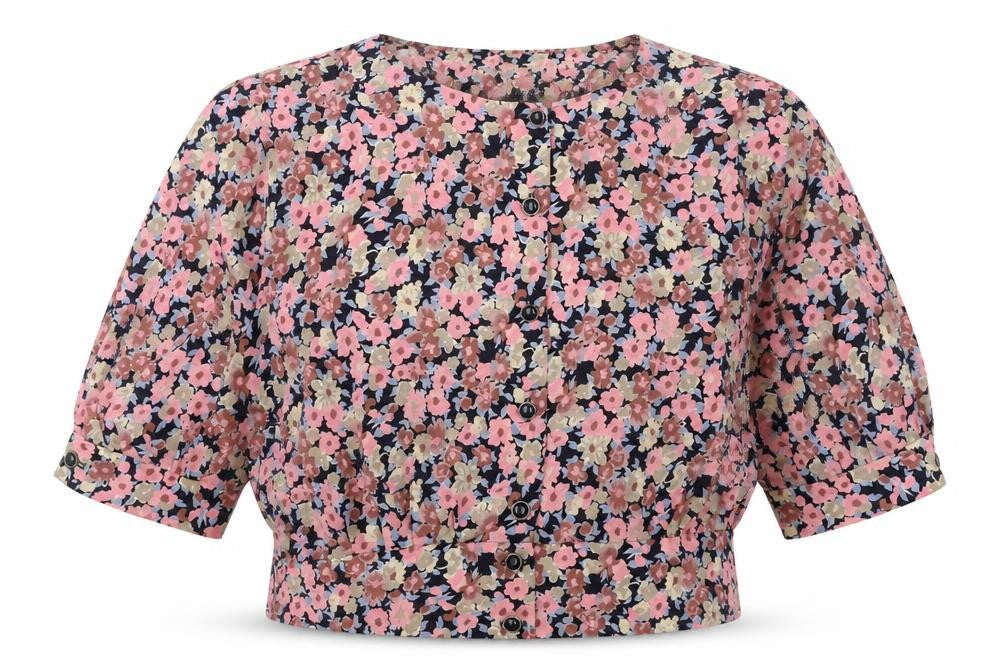 Littlewoods Womens Pink Floral Polyester Cropped Button-Up Size 18 Scoop Neck