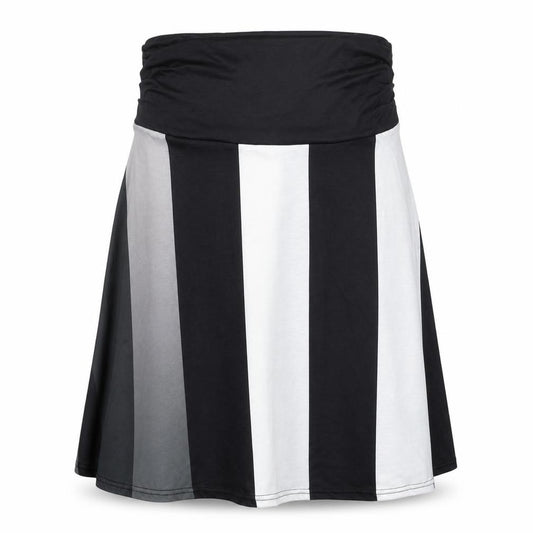 Front view of Preworn women’s black striped polyester swing skirt, size L