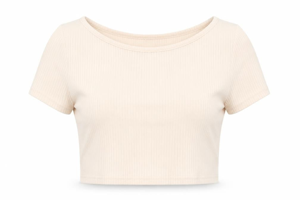 Front view of Cider women’s beige polyester cropped t-shirt, size M, boat neck