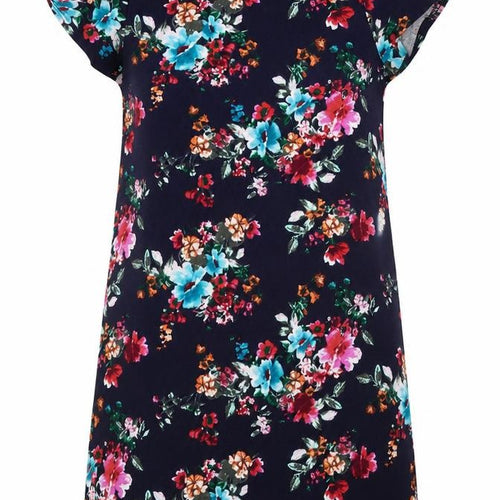 Boohoo Womens Blue Floral Polyester T-Shirt Dress Size 12 Boat Neck Pullover