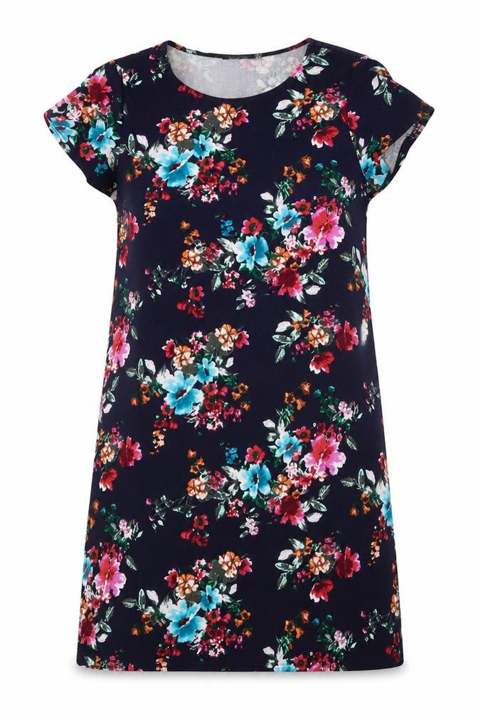 Boohoo Womens Blue Floral Polyester T-Shirt Dress Size 12 Boat Neck Pullover