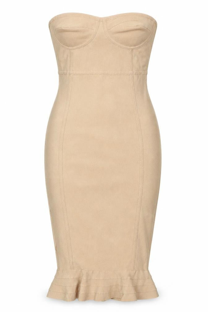 Front view of women’s beige polyester bodycon one size off the shoulder pullover