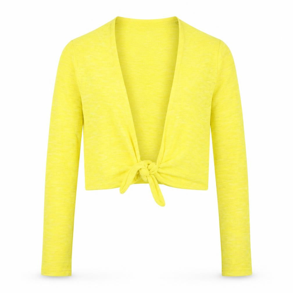 Front view of Primark women’s yellow v-neck polyester shrug jumper, size UK 6