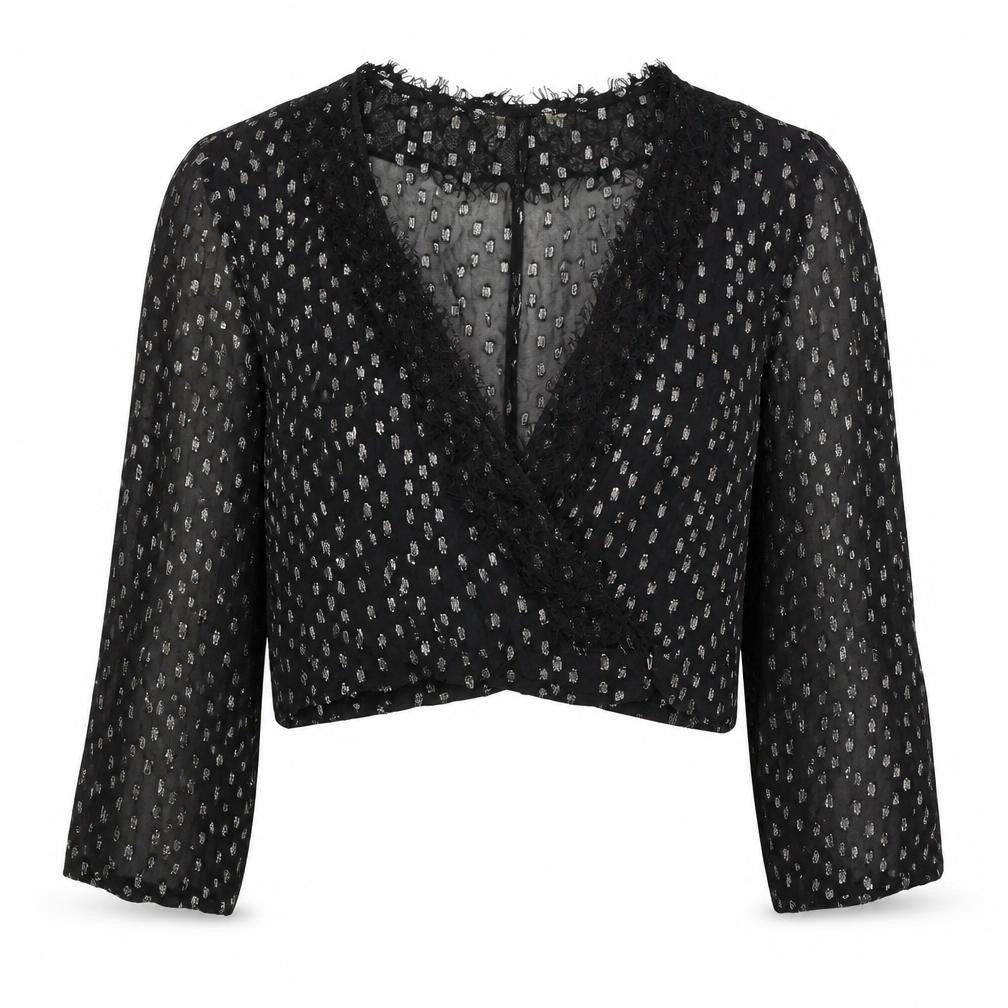 Front view of Preworn women’s black geometric viscose basic blouse, size UK 10, v-neck